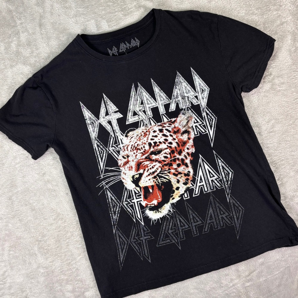 Def Leppard Men's Black Leopard Graphic Band T-Shirt Large Rock Tee Music‎